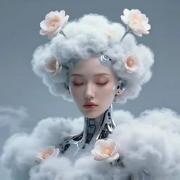 quantum cloud flowers, photorealistic beautiful portrait of futuristic cyborg, flower antennas accessories