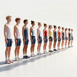 illustrated long row of various athletes on clean white background,