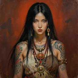 painting of beautiful woman, shaman, shamanic atmo, artstation, yakuza tattoo