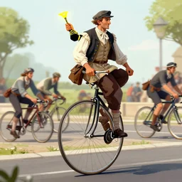 a man dressed in old times clothing riding a large penny - farthing celebrating winning the tour de france with other riders dressed in modern clothing on modern bikes far behind him and angry, news, file photo, photorealistic, getty images, front page
