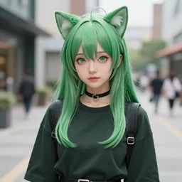 green - haired catgirl goddess, bust portrait, anime, outfit - of - the - day, instagram, inspo, street photography, fashion model, fashion model, ootd, idol, flcl cover, yoji shinkawa greg rutkowski craig mullins noah bradley mark arian wlop, selfie, ilya kuvshinov, trending on artstation, very very beautiful, symmetrical, vignette