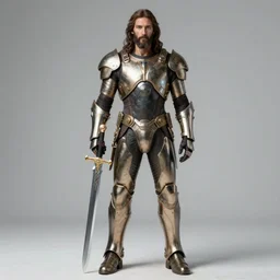 full body portrait of Jesus wearing futuristic battle armor with a Damascus sword by boris vallejo