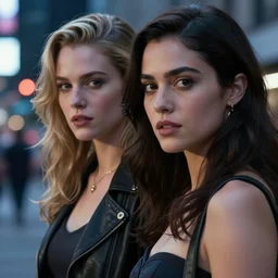 movie powerful lesbian hero couple closeup, DC Marvel fashion, VFX powers at night in the city, city street, beautiful skin, natural lighting by Emmanuel Lubezki