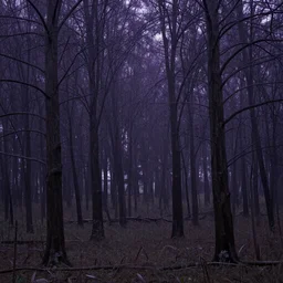 Forest of purple trees at rainy day, realistic matte painting,
