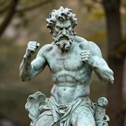 statue of frustrated Poseidon very annoyed and complaining with wild gestures to the camera, ready to fight, bokeh, Sigma 85mm, f/1.4