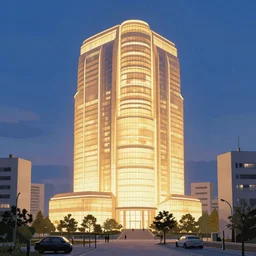 glowing sci-fi building in a pleasant urban setting in style of Hiroshi Yoshida