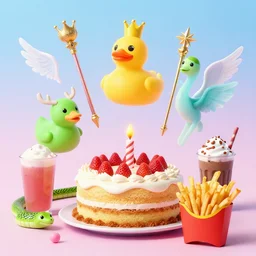 wands and wings, floaty crowny things, obtuse, rubber goose, green moose, guava juice, giant snake, birthday cake, large fries, chocolate shake