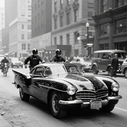 old black and white photo, 1 9 1 3, depicting batmobile from dark knight rampaging through the bustling streets of new york city, rule of thirds, historical record