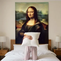a young woman wearing pajamas is standing in the bedroom holding a pillow!, looks like mona lisa, sharp focus, hyper realistic, soft colors, centered, insanely detailed, wide shot, a painting by leonardo da vinci