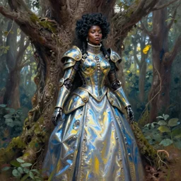 hyperrealistic victorian super expressive! black woman with exoskeleton armor, merging with tree in a forest, highly detailed digital painting masterpiece smooth brad kunkle hannah yata dramatic pearlescent blue yellow light ground angle hd 8k sharp focus