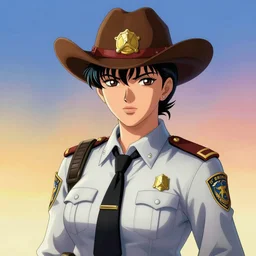 full size persona, female sheriff, detail, ultra sharpness, beautiful female, detailed face, art by huyy nguyen, style by cain kuga, cowboy bebop art style, 3 2 beautiful color palettes with their corresponding gradient
