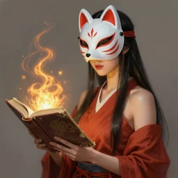 gorgeous!!! hyper - realstic sorceress with a kitsune mask, holding a tattered book, casting a spell | drawn by wlop, drawn by jeehyung lee, drawn by artgerm | intricate, highly detailed, digital painting, character design, concept art, illustration, artstation