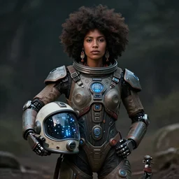 beautiful afrofuturistic himba women holding her helmet, otjize, led detailed spacesuit, himba hairstyle, robotic arms, hyperrealistic, scifi, retouched photograph, dark, muted colors