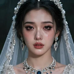 ilyana vyulnika as a young asian bride in the dark, heavy makeup, crying eyes, tears, leaked mascara, lipgloss, portrait, closeup, cute freckles, gloss effects, and exaggerated proportions, intricate jewelry, after rain, digital art by julia razumova and mel milton, trending on artstation, 4 k high quality