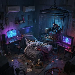a highly detailed illustration of a messy gamer's bedroom, tangled wires, dim lights, messy bed, a gigantic cage, cyberpunk, artstation