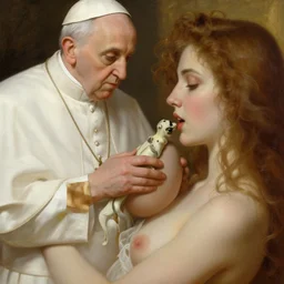 photography of a pope nips the breast of a sensual woman, deep focus, elegant, highly detailed, digital painting, artstation, concept art, matte, sharp focus, illustration, art by artgerm and greg rutkowski and alphonse mucha