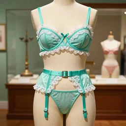 the film still photographed image is a vintage sets of garter belts from the 1 9 4 0 s. the undergarment is inspired by teal mint cottagecore. it is displayed on a mannequin in a museum exhibit. vibrant cinematography, anamorphic lenses, upscale, hyper realistic photo, crisp, detailed image in 8 k resolution.
