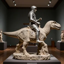 medieval Norman, circa 1200, photo of stone carved statue, of a night in armor riding a dinosaur, romanesque style, in a museum room