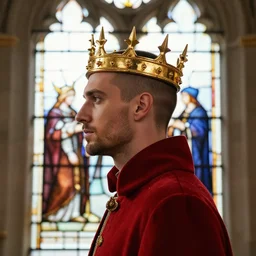 side - view portrait of a man wearing a golden crown, crowned, crown with small spikes, buzzcut, stubble, he wears a red coat, gothic stained glass window, masterful, royal, backlit