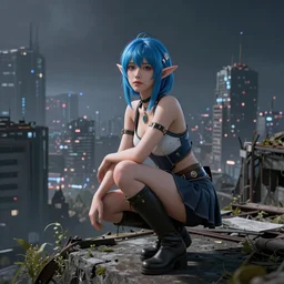 breathtaking 3D render of an attractive young asian elf woman with pointy ears and blue hair, wearing a miniskirt and knee-high boots, crouching in an endlessly sprawling hazy abandoned city at night, Octane render, 8K