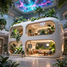 very wide cinematic shot inside a scifi epic scale capsule hotel, modern lush condo as shopfront with terrarium lounge area, cathedral ceiling with holographic sky art ceiling, detailed archviz render, archdaily, scifi artstation concept, ikea, comfy lighting, star citizen, fine details, unreal engine, hyperrealism, realistic shading, blender render