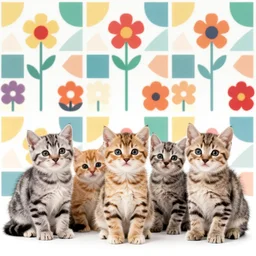 a group of kitten by Sandra Chevrier, colorful geometric pattern, flowers