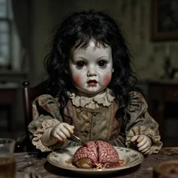 closeup portrait of a creepy angry scary antique filthy victorian porcelain doll with black eyes wearing a dirty dress, very long black hair, sitting at a table eating a plate of brains, dimly lit filthy room in an abandoned old asylum at night, 8k octane render, dramatic lighting, volumetric lighting, Craig Mullins, Duane Hanson , Richard Estes, Arney Fretag, vintage photo, 1890