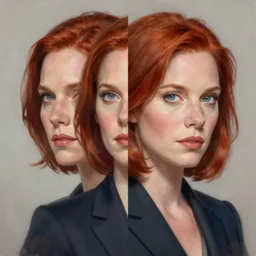 portrait of gillian anderson as dana scully, from x - files, with strawberry red hair and blue eyes. beautiful, lithe, suit. by anne stokes and larry elmore, beautiful woman, lucian freud and drew struzan, detailed matte painting, realistic portrait, symmetrical, highly detailed, digital painting, artstation, concept art, smooth, sharp focus, illustration, cinematic lighting, 8 k resolution