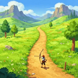 a path up to a archery tournament, from a fantasy point and click 2 d graphic adventure game, art inspired by thomas kinkade, king's quest, sierra entertainment games, colorful landscape painting
