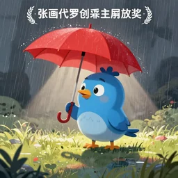 a cartoon blue bird using a red umbrella, light rain, digital painting, storybook illustation