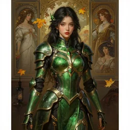 hyperdetailed portrait of beautiful green - armored girl dark autumn. digital painting, sharp foccus ilustration, artstation hq. intricate, elegant. wlop, artgerm, greg rutkowski, magali villeneuve, huang guangjian, ruan jia, fenghua zhong, craig mullins, alphonse mucha,. dan mumford. incredible background by repin. full height