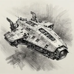detailed graphite pencil sketch of a cyberpunk spaceship.