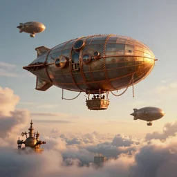 beautiful steampunk blimps high in the sky, copper chains hanging from the edges, golden hour, steam clouds, clouds, valves, award winning photography, highly detailed, low poly, extremely wide angle
