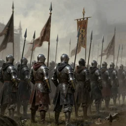 realistic, medieval knights, soldiers, in line, pikes, hellbards, banner, flag, picture from behind, epic, digital art, illustration, fantasy, realistic sketch, dark, epic, realistic lighting