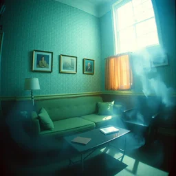 kodak portra 4 0 0, wetplate, 8 mm extreme fisheye, award - winning colour portrait by britt marling : a sunlit 1 9 6 0 s room, 1 9 6 0 s couch, blueberry, square square picture frames, haze, wallpaper, 1 9 6 0 s metal furniture, smoke, fog, no people