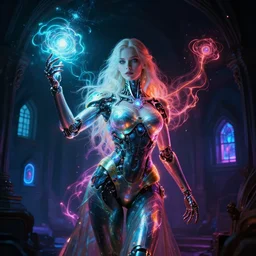 hyperdetailed cyborg sorceress with occlusion shadows, vividly phosphorescent spells, arcane projections, volumetric lighting, impenetrable umbra shading, portal lights placed near small window magic realism, by rutkowski, peter gric, cinematic,