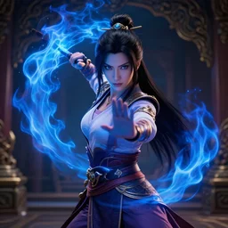 azula from avatar the last airbender posing, blue flames, firebending, dark atmosphere, cinematic shot, intricate, ornate, photorealistic, ultra detailed, realistic, 1 0 0 mm, photography, octane, high definition, depth of field, realism, 8 k, artstation