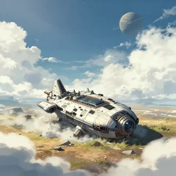 a spaceship crashed into a foreign planet, wasteland. The spaceship is buried in the ground. beautiful white clouds. in the style of digital art, artstation trending, rossdraws, breath of the wild