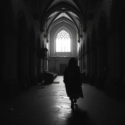 a black and white, 4 k photograph of a plague doctor walking down the hall of an abandoned cathedral