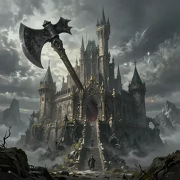 evil fantasy castle on a mountain, dungeons and dragons, epic illustration, fantasy illustration, epic, 8 k, artstation, giant axe