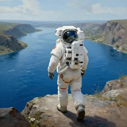 an astronaut walks in an unfamiliar environment, and a blue river stretches into the distance., art by ron walotsky, detailed surrealism, ultra realistic, fantasy, sci - fi, 8 k.