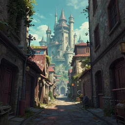 a dungeons and dragons castle town. first person view from alleyway. r / retrofuturism and ukiyo - e