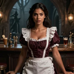 female tavern maid, seductive, dark hair, tanned, beautiful, stunning, detailled, by luis royo, by pixar, by myazaki, game of thrones, gothic, final fantasy, fantasy, medieval