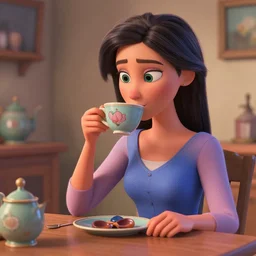 a woman drinking tea, made by Pablo Picasso, 3d pixar movie