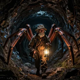 an old - fashioned explorer with a lamp, in the dark tunnel of a monstrous spider, in the style of gerald brom, dramatic lighting, low angle, wide angle, fantasy art, highly detailed digital art