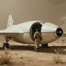 film still of a pilot entering a space freighter in a hangar, desolate mining planet, aerodynamic parked space ship, ridley scott, overgrown with dusty plants, beige light, screenshot from a 1 9 8 0 s sci - fi film,