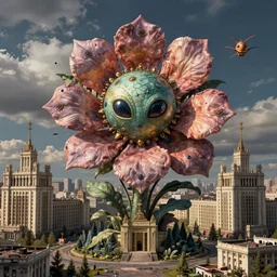 colossal psyhedelic alien flower made from worst mankind ideas in the middle of abandoned post soviet constructivist cityscape, Stalinist architecture, ultradetailed, Intricate by Hayao Miyazaki and Josan Gonzalez