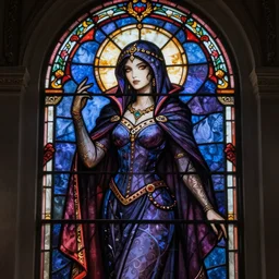 a stained glass window of a female necromancer, fantasy, d & d, intricate, elegant, highly detailed, digital painting, artstation, concept art, matte, sharp focus, illustration, art in the style of disney