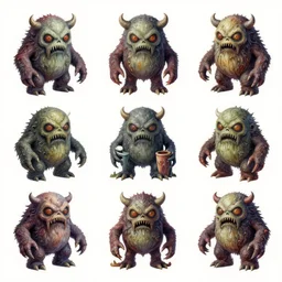 isometric sprite sheet of horror monsters in gouache detailed paintings rotated left rotated right props stylised 2