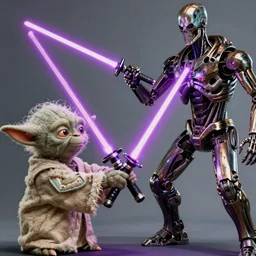 Yoda holding a purple lightsaber fighting T-800 Terminator, intricate, detailed, trending on Artstation, emotionally provoking, high quality, 4k